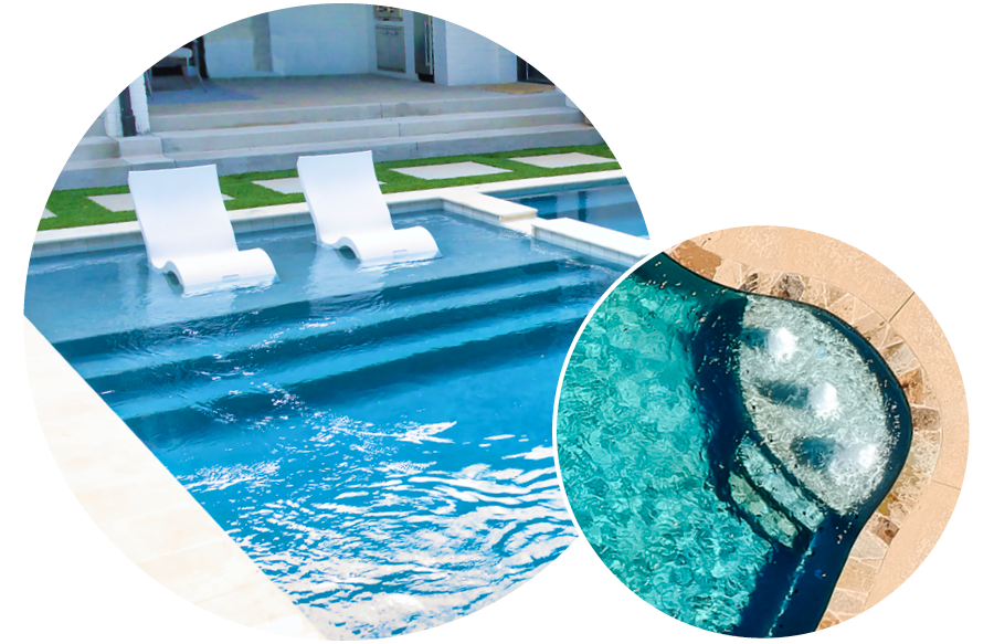 Rectangle swimming pool with lounge chairs on tanning ledge and curvy pool with bubbler fountains on entry step.