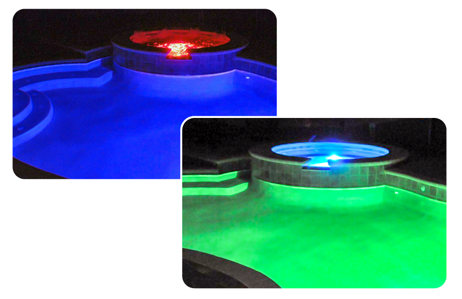 Swimming pool at night illuminated in blue light and in green light.