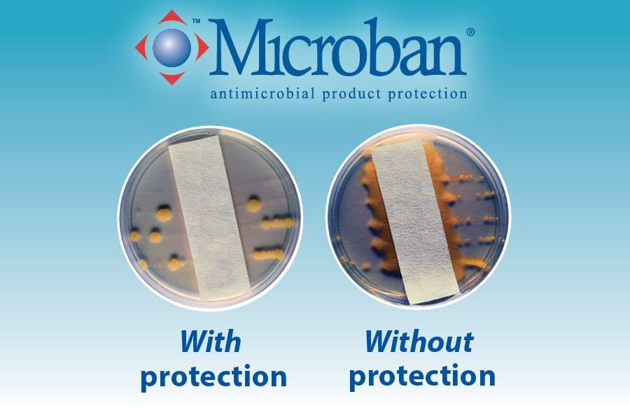 Two petri dishes, one with Microban protection and less microbe growth versus the other dish without Microban.
