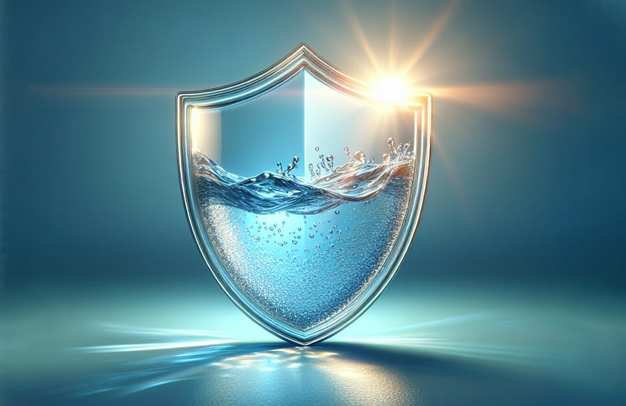 Depiction of a security badge with flowing water inside of it with sunlight in the background.