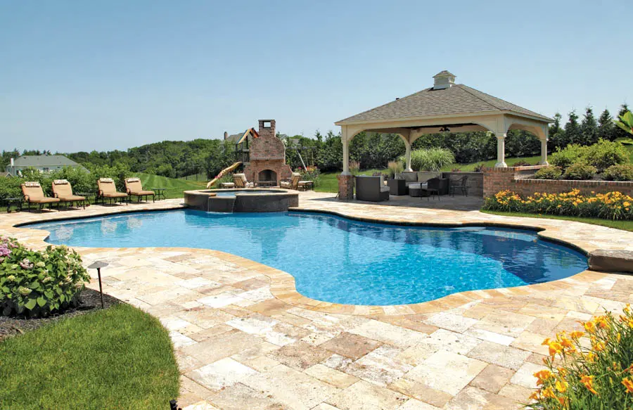 Gunite pool & spa in large Susquehanna Valley yard.