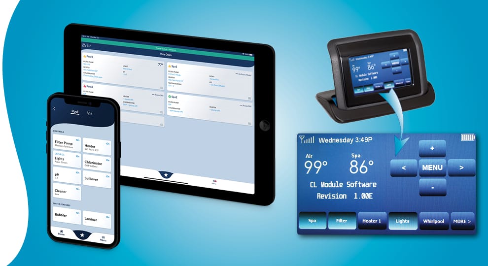 I-pad and phone with screens showing automation program, and a remote device with a screen showing a different automation program.