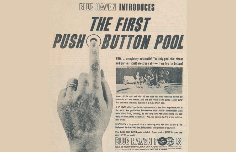 Clipping of black-and-white article called the "First Pushbutton Pool".