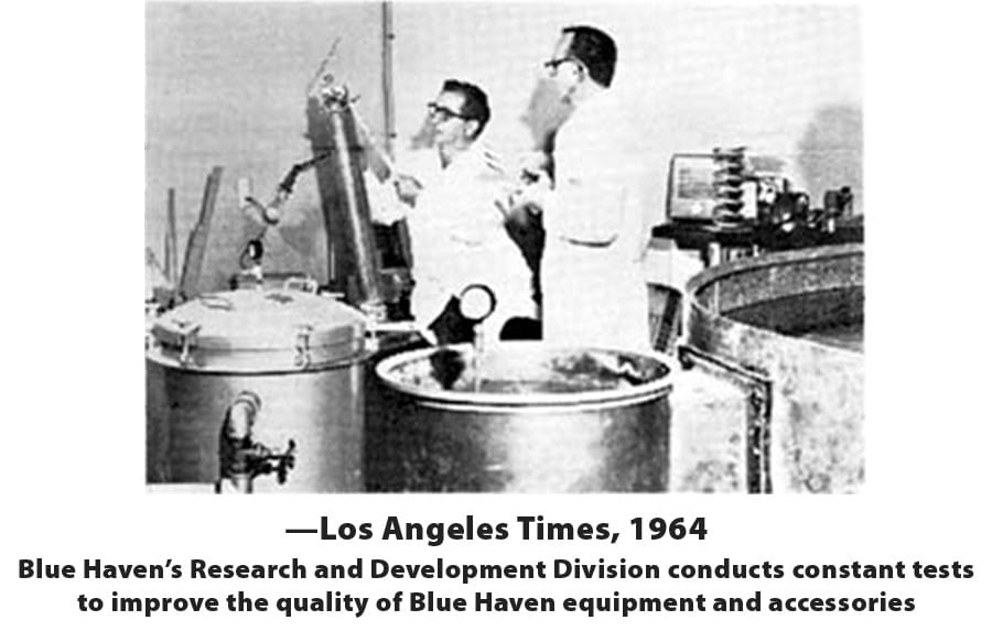 1964 LA Times black & white photo of men in white lab coats examining  equipment in a factory setting with caption of Blue Haven Research & Development.