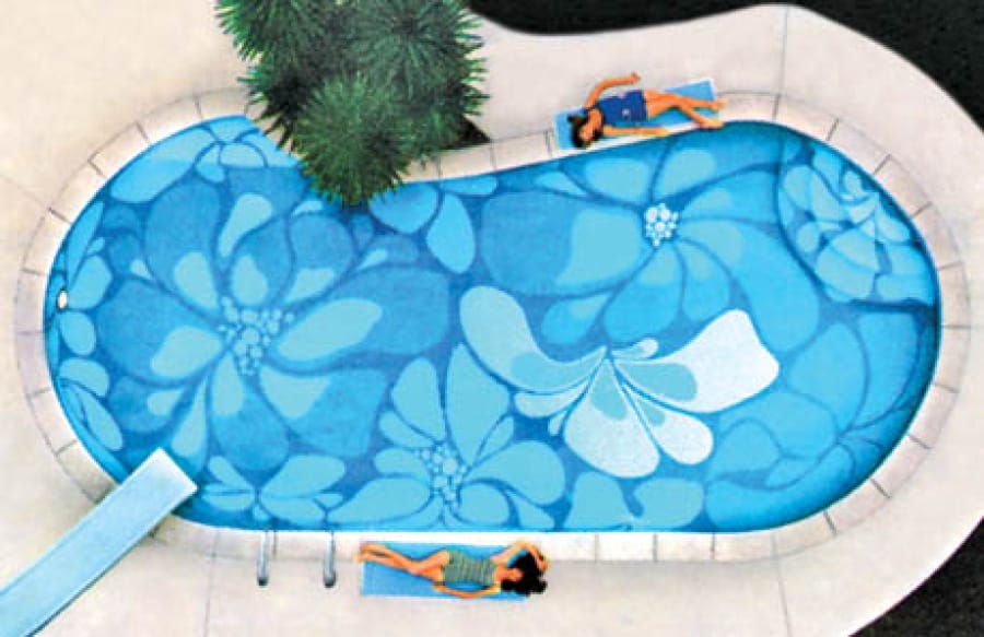 1960-era kidney-shaped swimming pool with paisley flower mural across  the entire pool bottom.