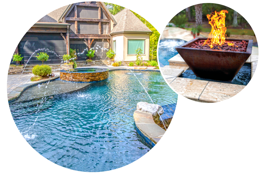 Custom pool with water features, raised spa, fire bowl.