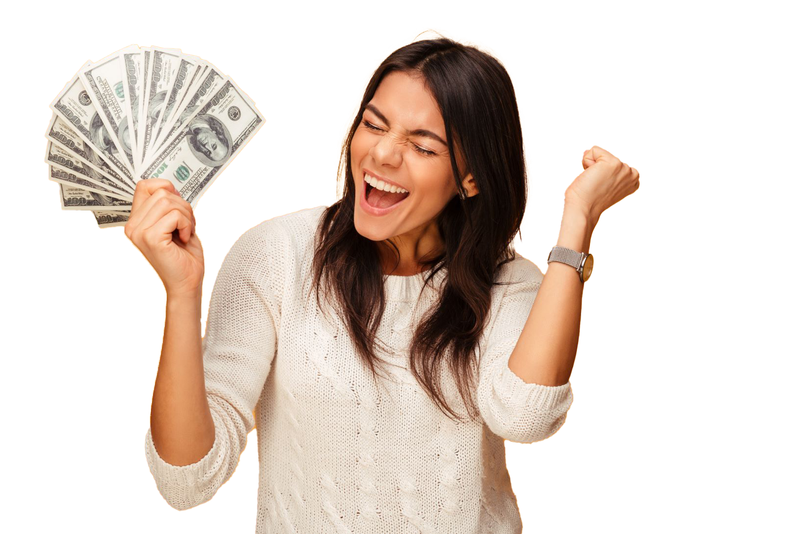 Woman happy holding handful of dollar bills