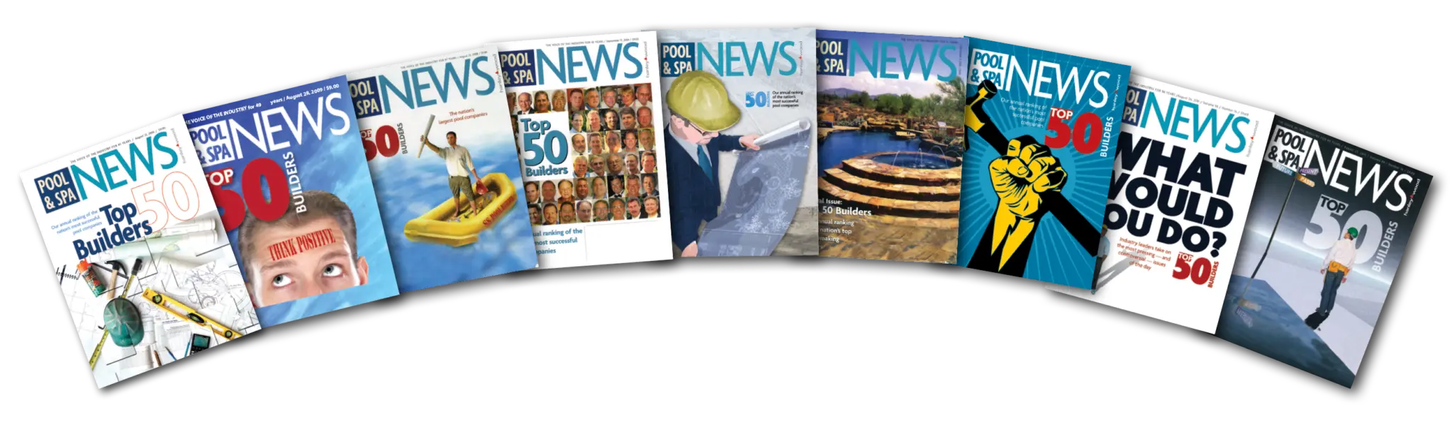Nine covers of Pool & Spa News Magazine with the Top 50 pool builders of the year issue.