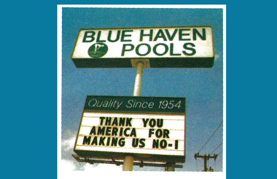 Blue Haven Pools office marquee sign.