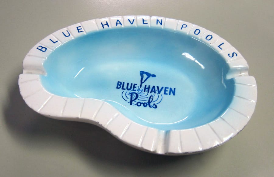 Retro, kidney-shaped Blue Haven Pools ashtray.