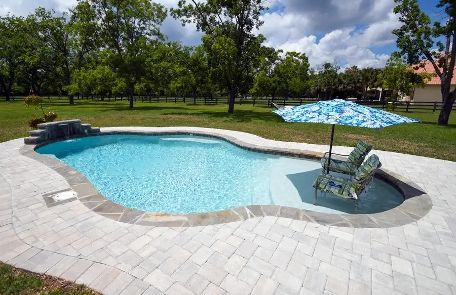 Free-form swimming pool with tanning ledge and colorful patio umbrella.