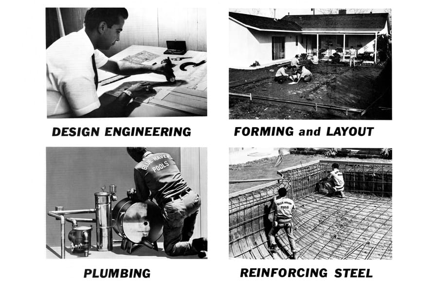 Four black-and-white photos of pool construction phases: engineering, layout, steel, and plumbing.