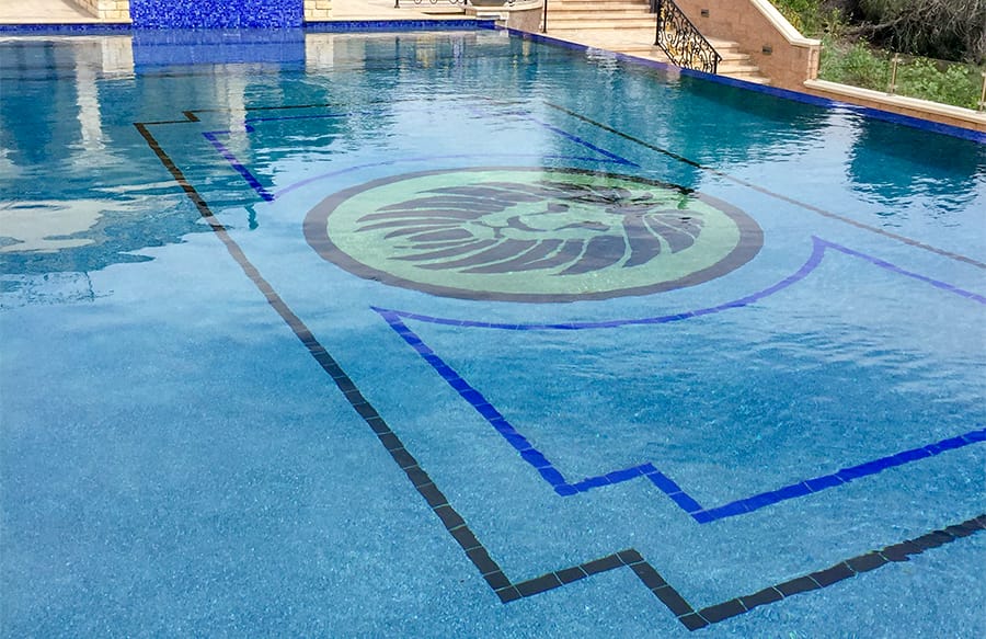 Calabasas backyard with geometric swimming pool and spa. 