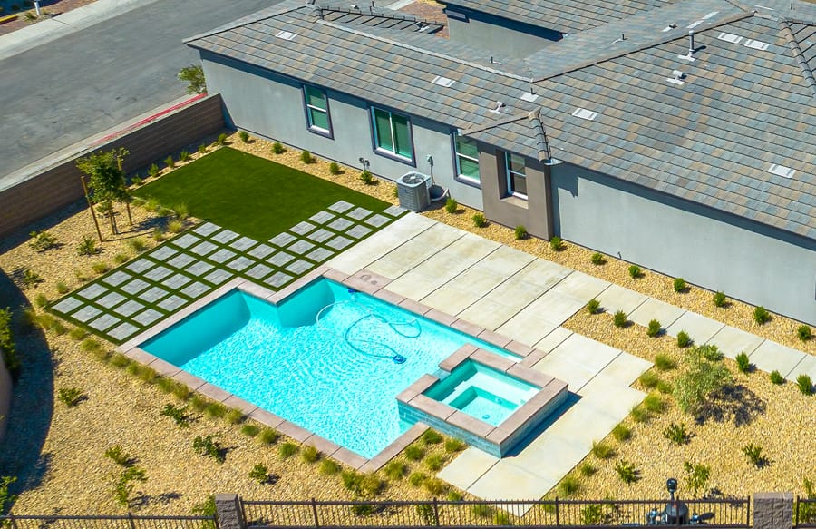 Geometric gunite pool in backyard of Lennar home in Las Vegas.