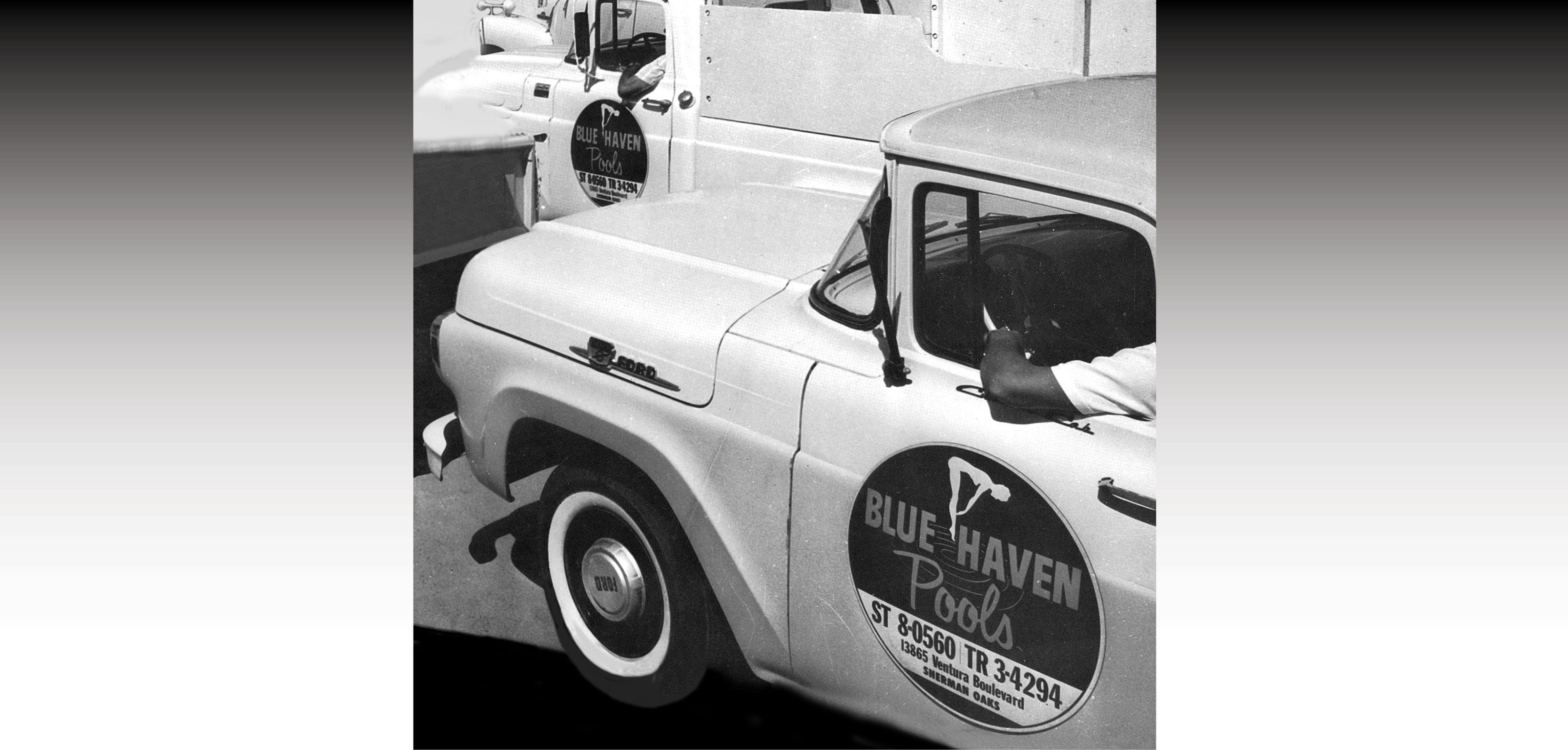 1960s work truck with retro Blue Haven Pools logo on the door.