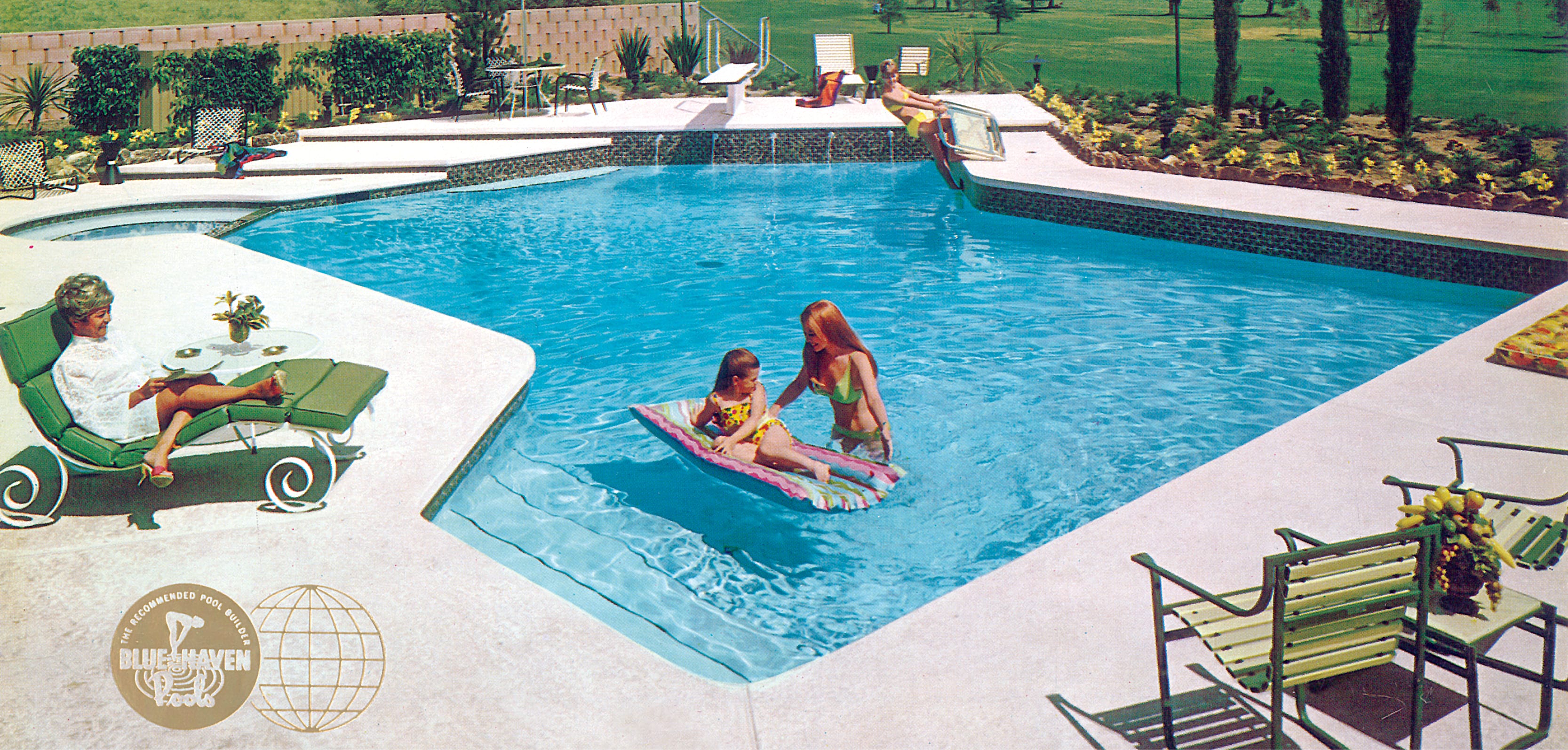Retro photo of family enjoying a mid-century geometric swimming pool embossed with a retro Blue Haven logo.