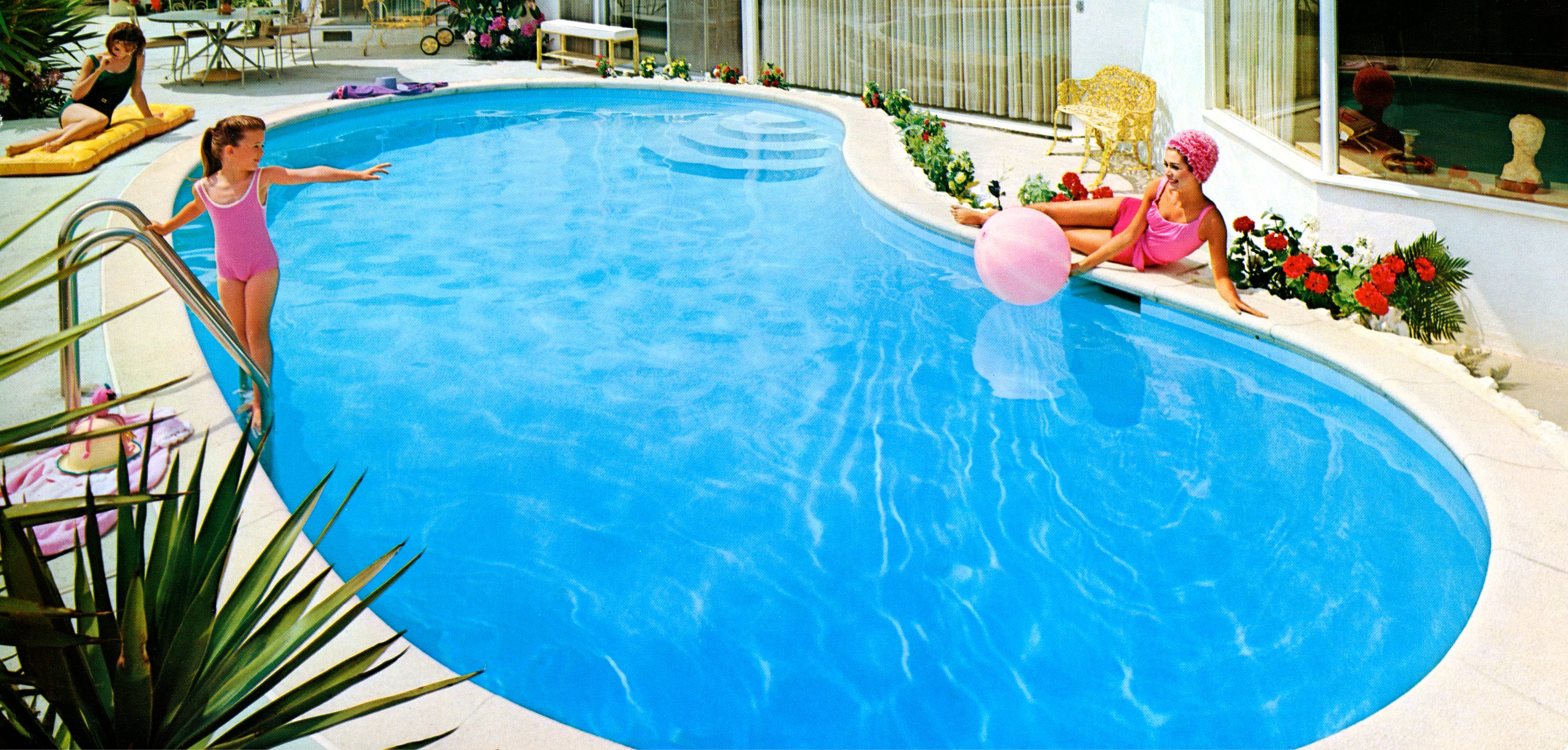 Retro photo of mom and daughter are enjoying a 1960s kidney-shaped Blue Haven pool.
