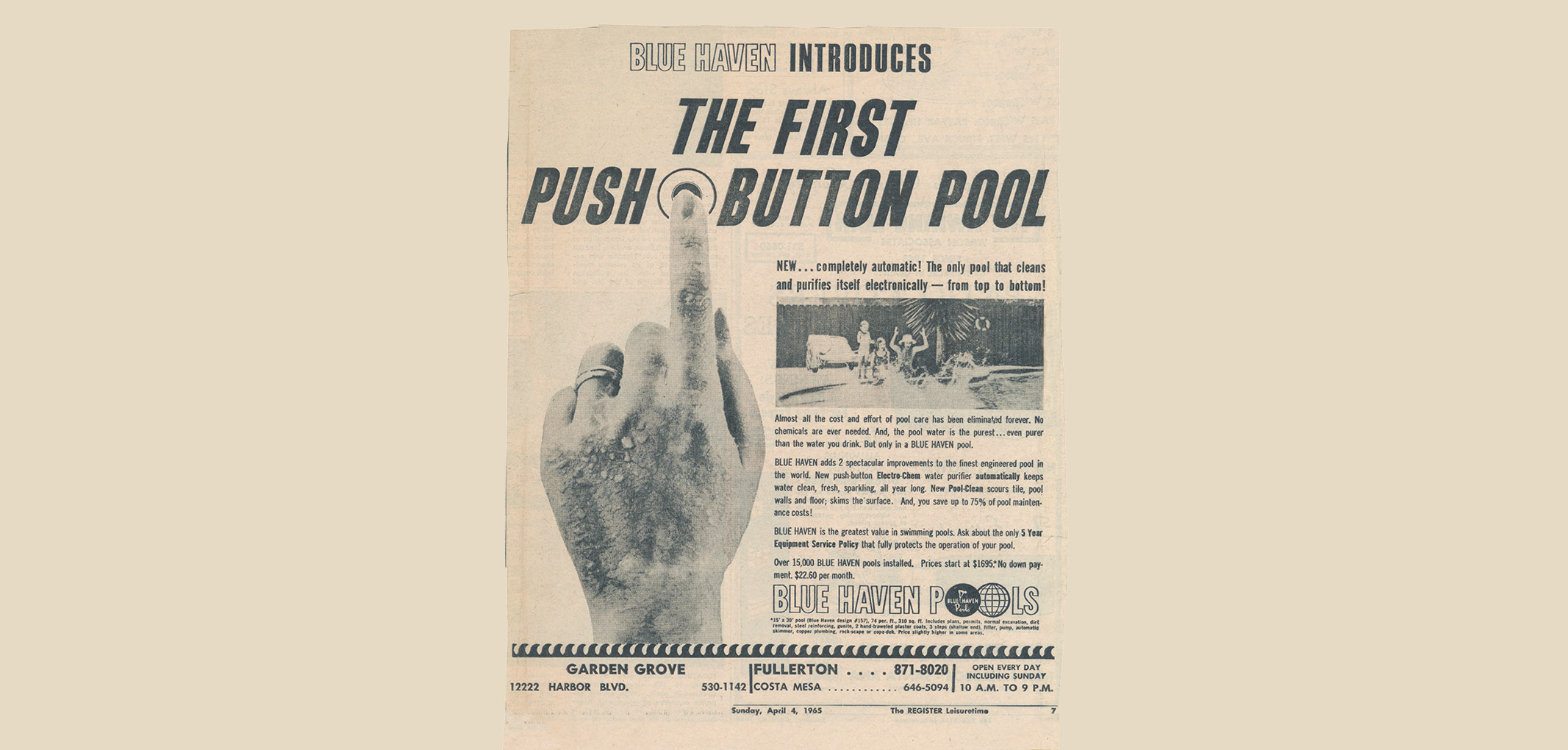 Black and white newspaper clipping of retro ad for Blue Haven introducing the first push button pool.